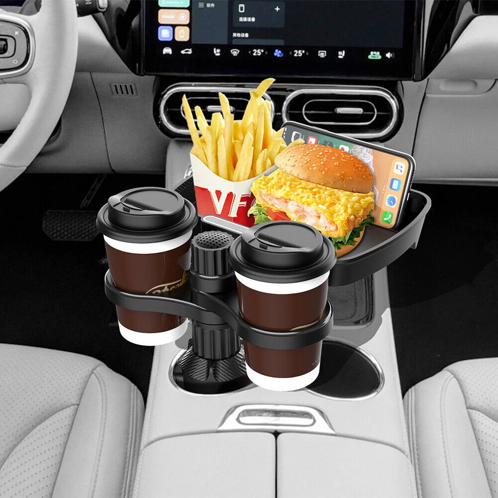 Versatile 360° Rotating Dual Cup Holder Expander & Food Tray Organizer - Perfect for Road Trips