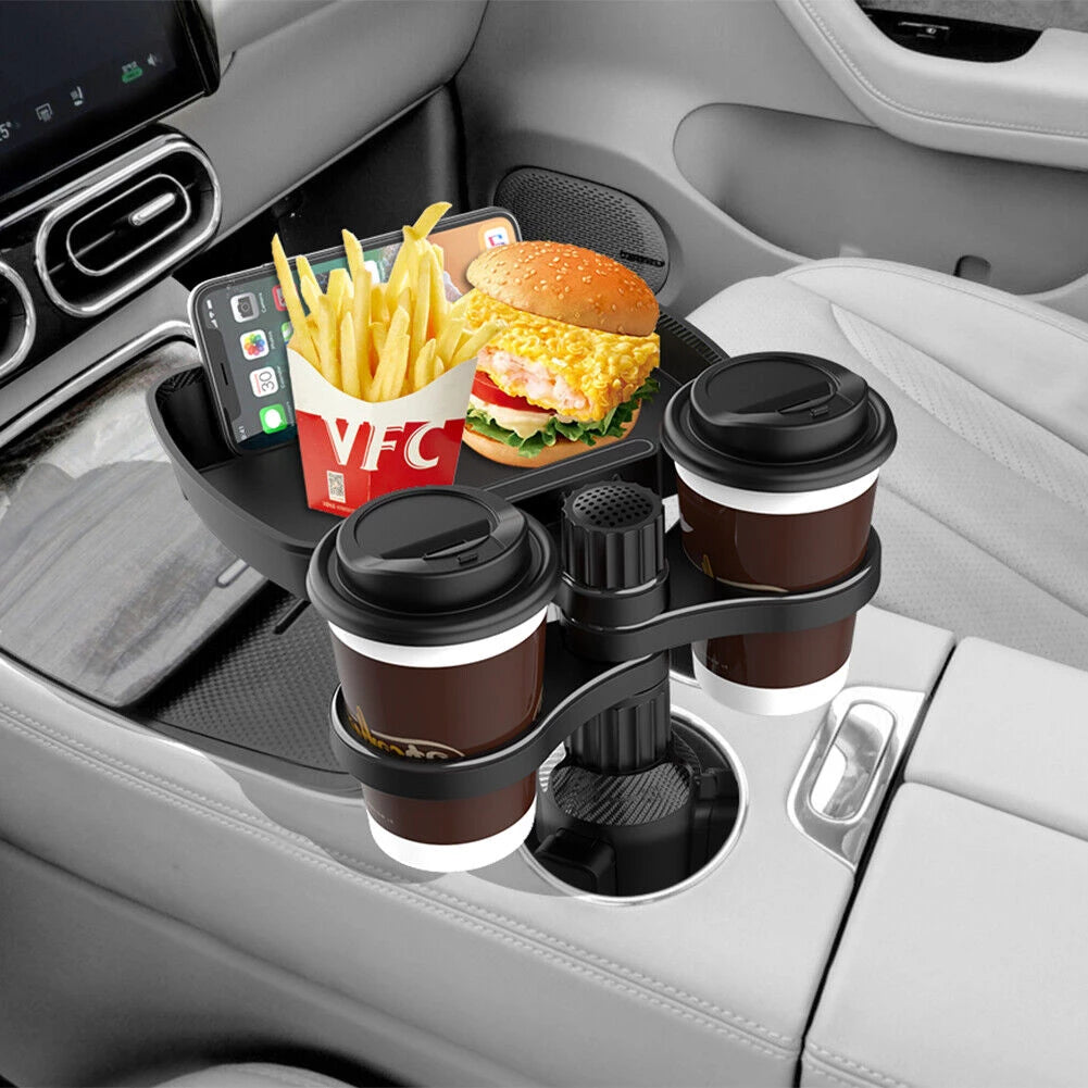 Versatile 360° Rotating Dual Cup Holder Expander & Food Tray Organizer - Perfect for Road Trips